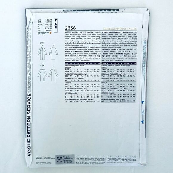 Vintage VOGUE Sewing Pattern 2386 Calvin Klein Shift Dress 12-16 UNCUT - Picture 2 of 2